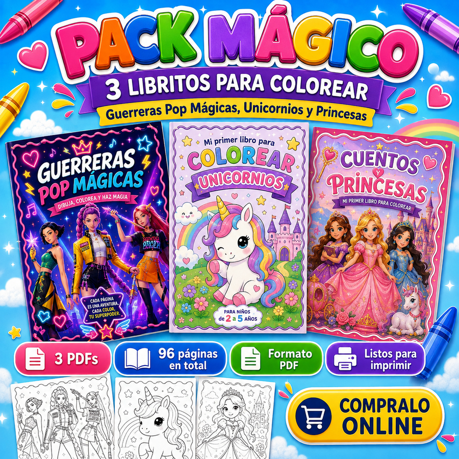 Pack Mágico: 3 libritos para colorear — Guerreras Pop Mágicas, Unicornios y Princesas
