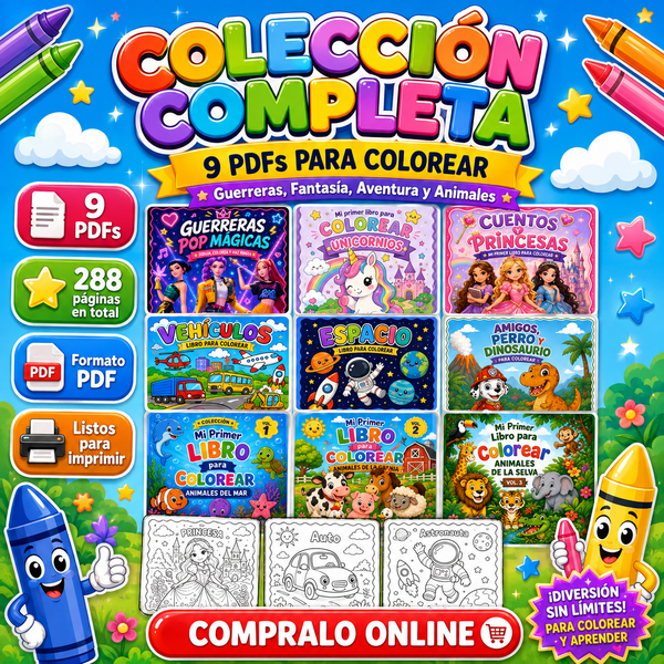 Colección Completa: 9 libritos para colorear, 288 páginas en PDF