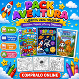 Pack Aventura: 3 libritos para colorear — Vehículos, Espacio y Perro y Dinosaurio